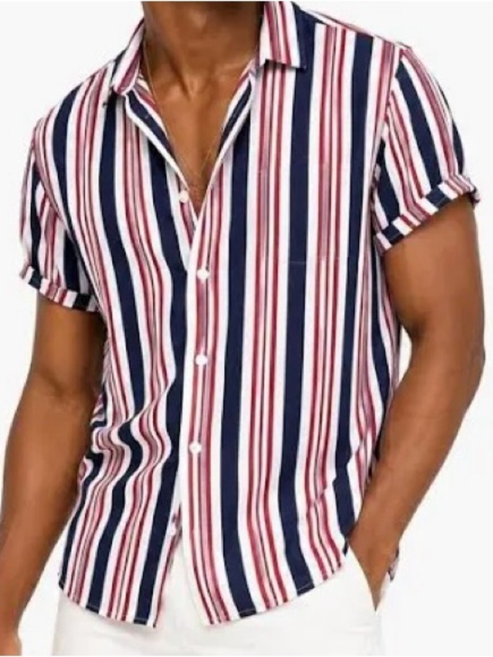 H&M Short Sleeve Button-Down Shirt - Red, White & Navy Stripes